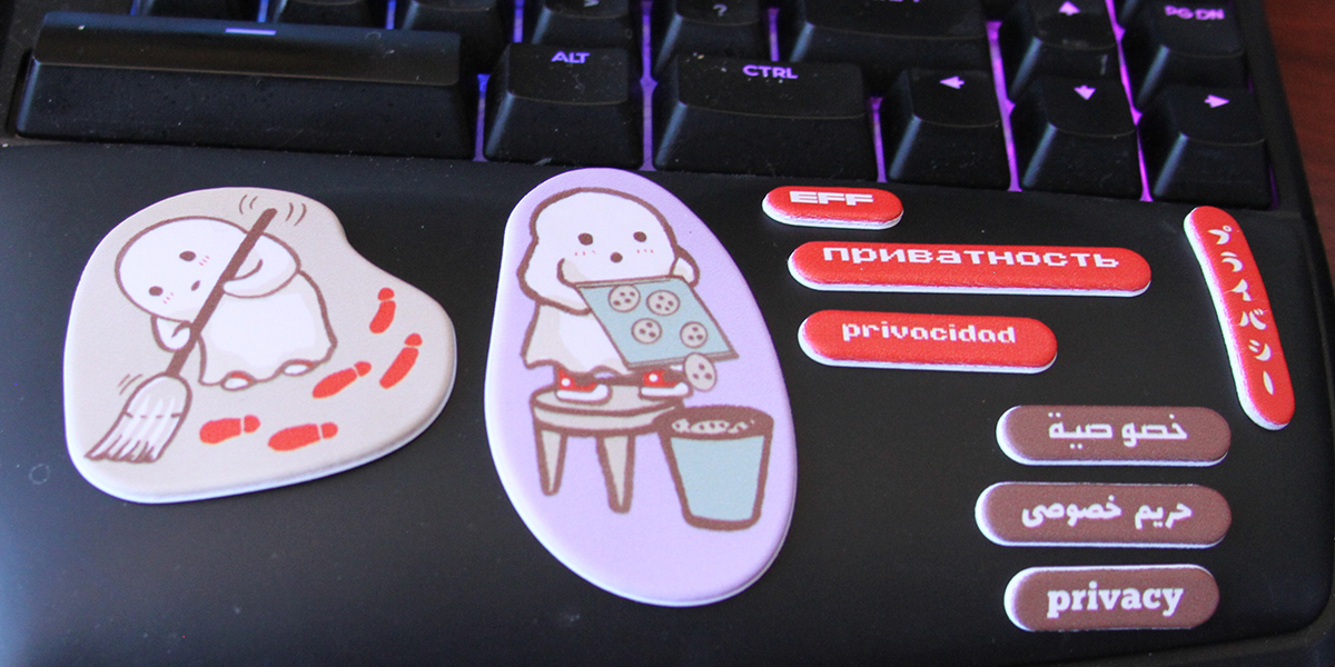 Puffy privacy Ghostie stickers on a keyboard