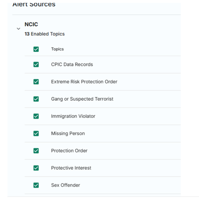 A screengrab of a list of NCIC hotlist topics
